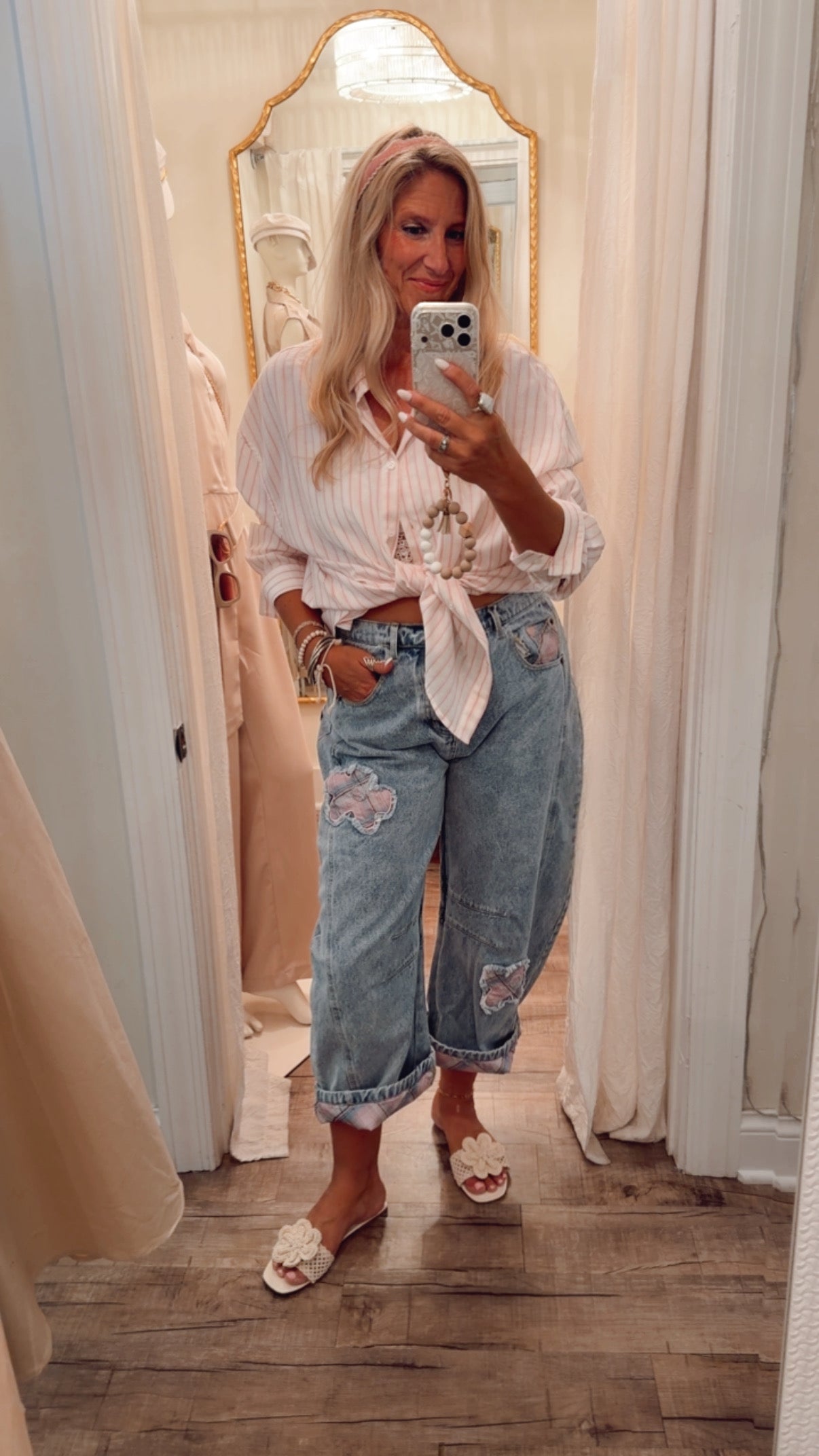 Pink Patchwork Flower Barrel Jeans