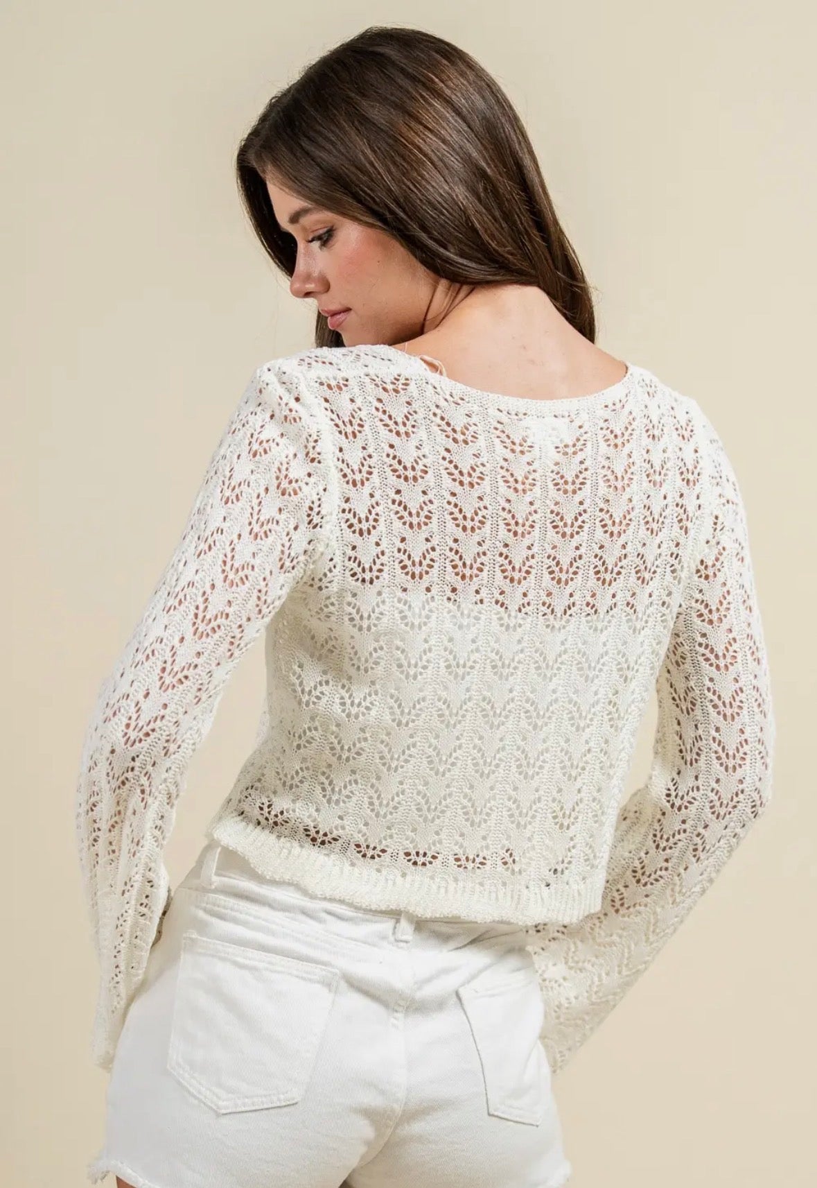 Crochet open knit pointelle crop cardigan with front tie