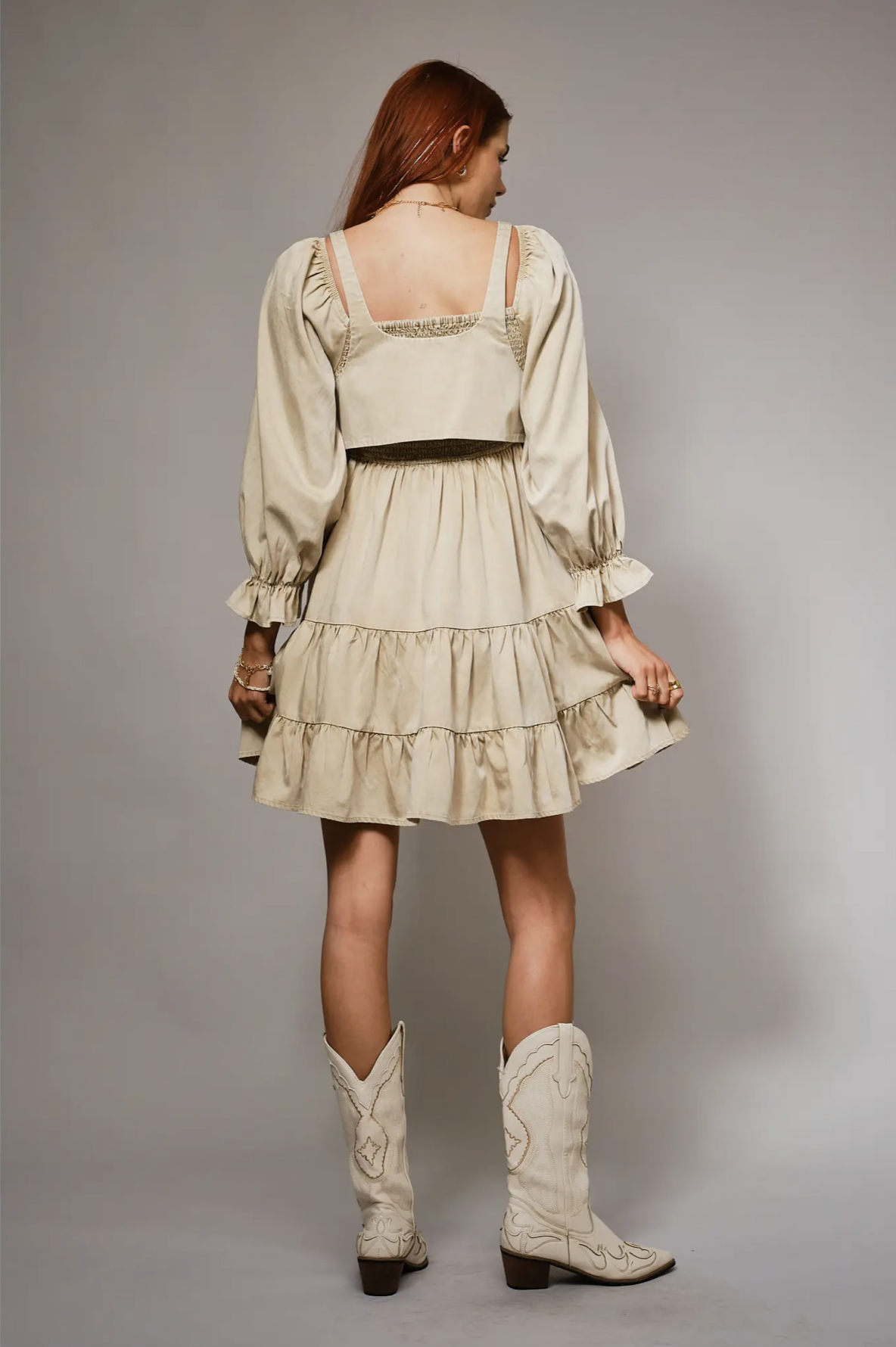 Puff Sleeve Buckle Smocked Mini Dress