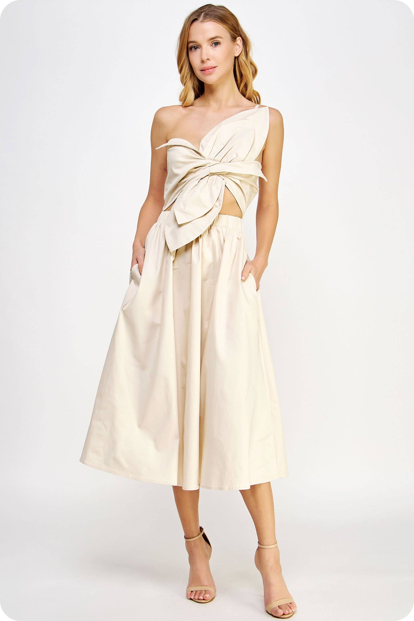 Knotted Flower Bow Midi Dress: Ecru