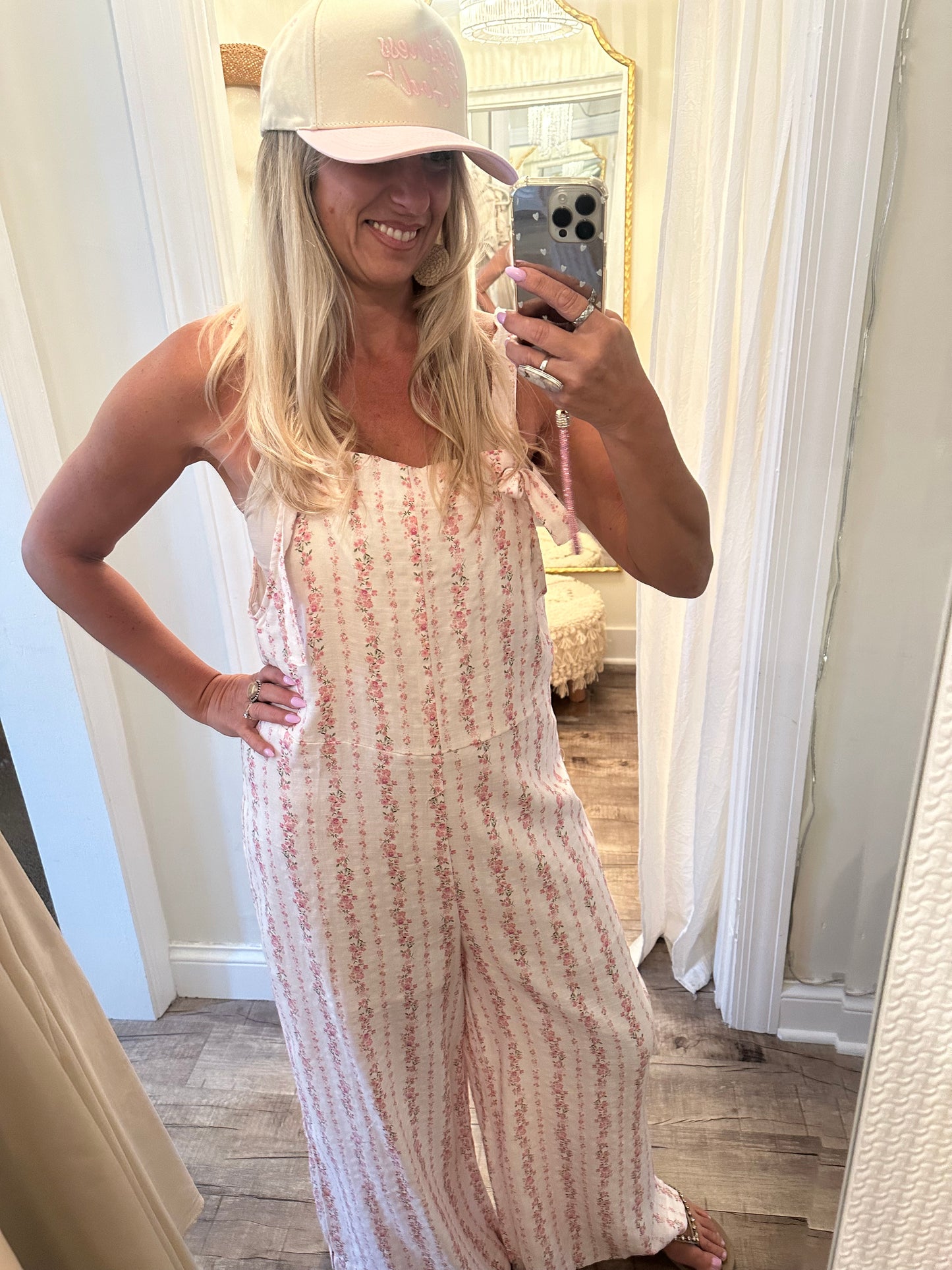 Pink Flowered Cotton Overall Jumpsuit w Slits