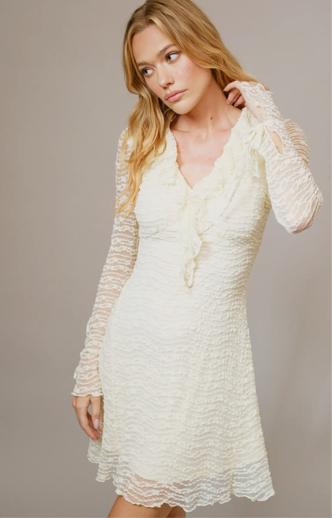 Sheer Lace Ruffle Mini Dress