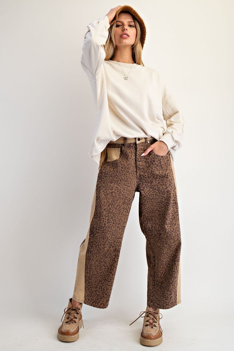 Washed Animal Print Stripe Barrel Jeans
