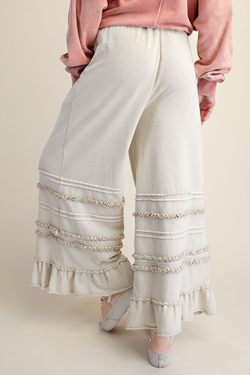 WASHED TERRY TIERED RUFFLED WIDE LEG PANTS