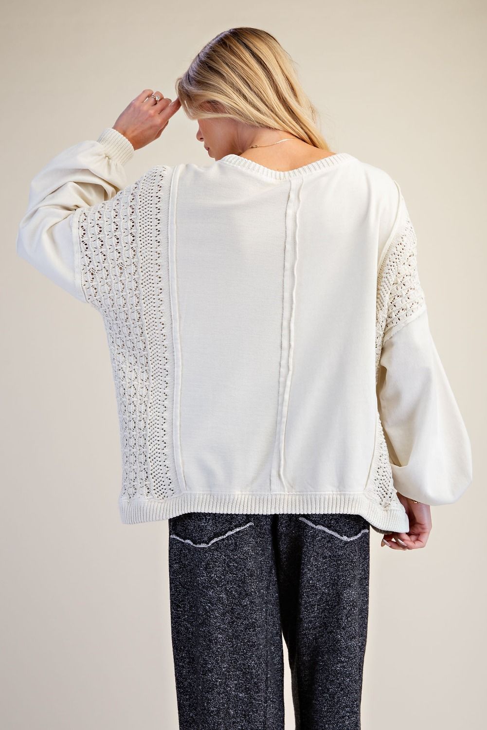 CROCHET MIX WASHED TERRY KNIT PULLOVER