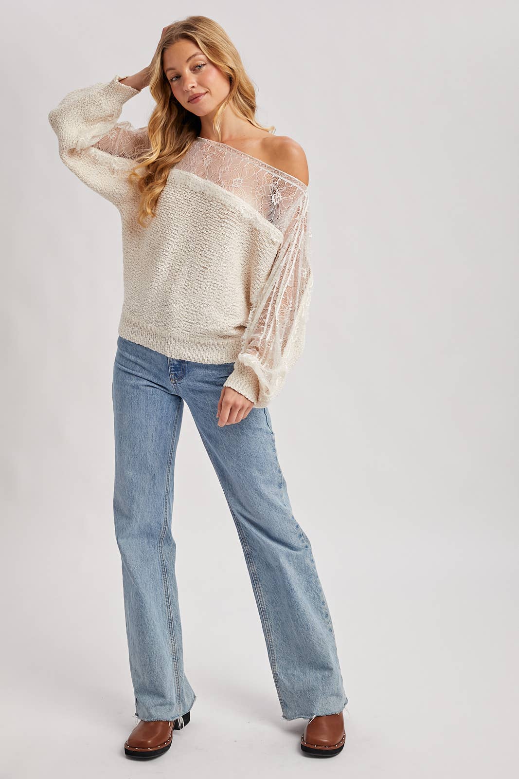 BOAT NECK LACE TRIMMED KNIT SWEATER PULLOVER: ECRU