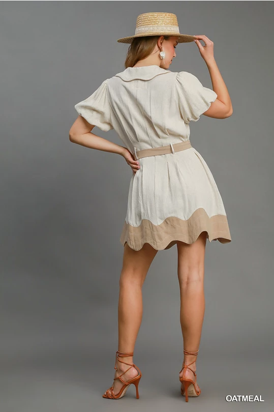 Scalloped Linen Color Block Dress