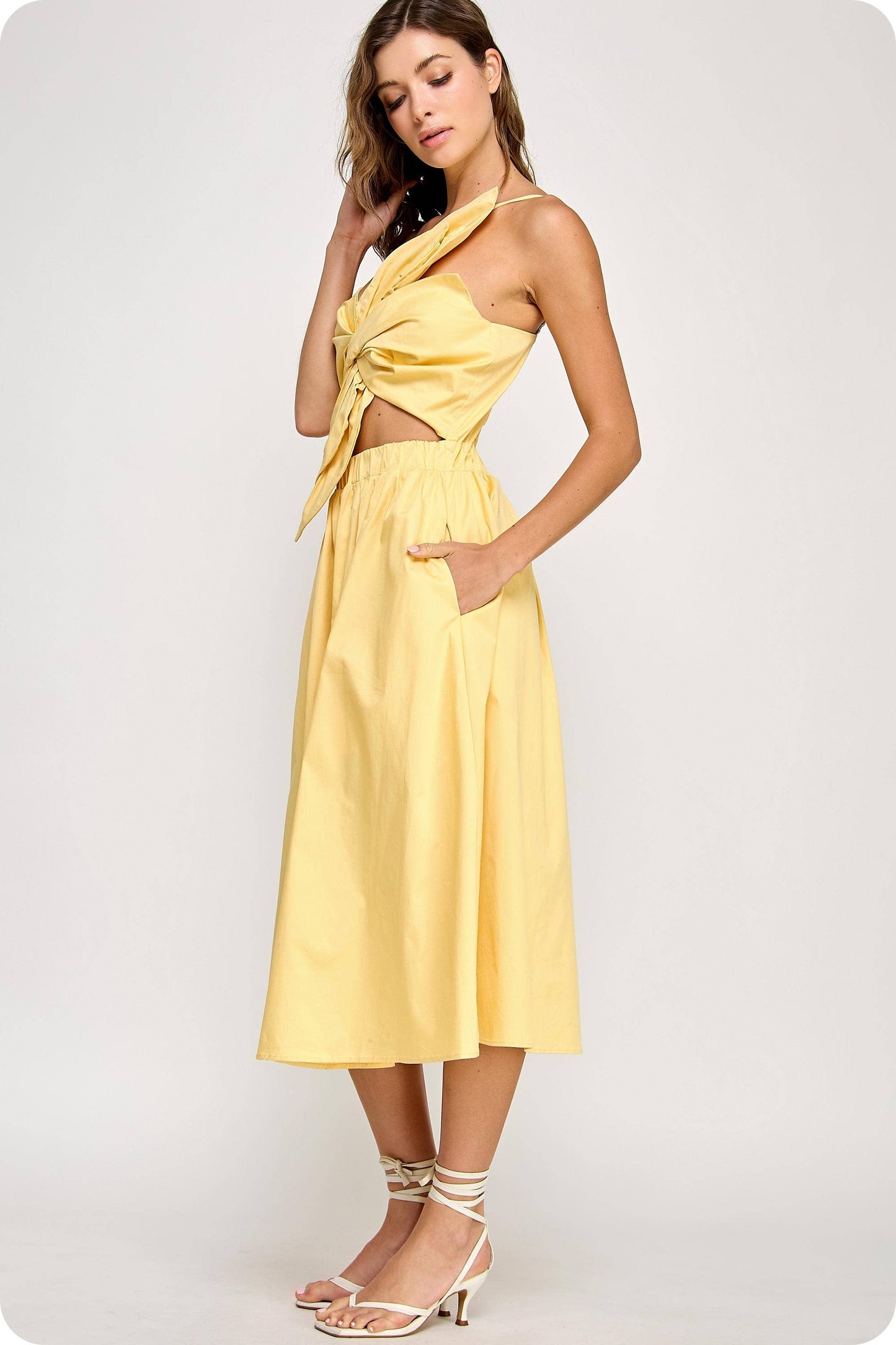 Knotted Flower Bow Midi Dress: Ecru