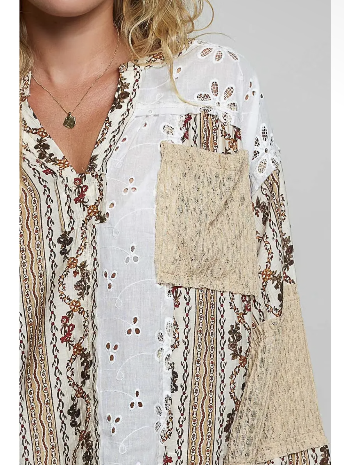 100% Cotton Mixed Lace & Print Boho Top