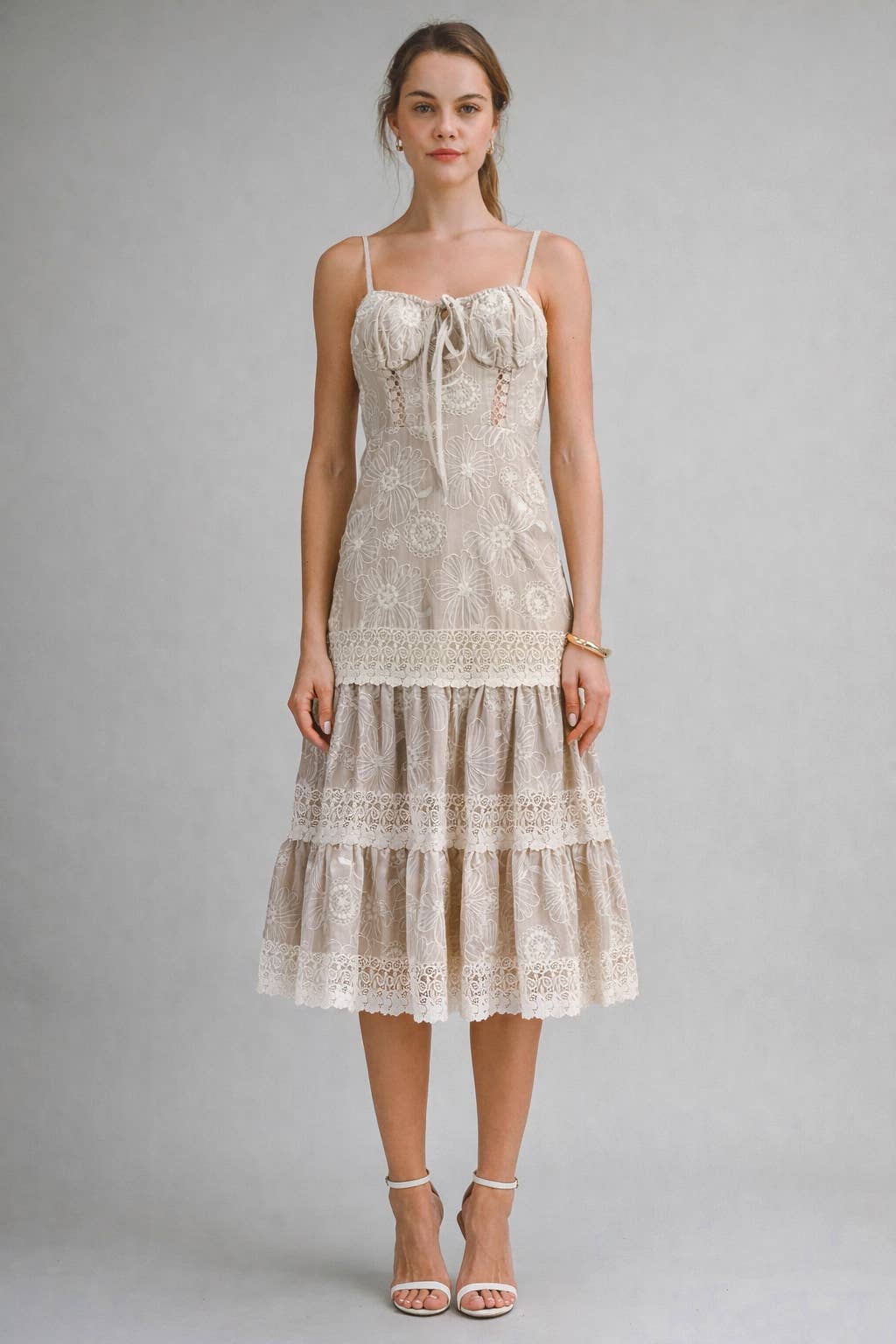 Lace Tiered Midi Dress : TAUPE