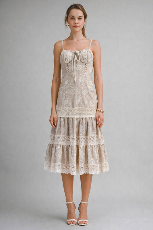 Lace Tiered Midi Dress : TAUPE