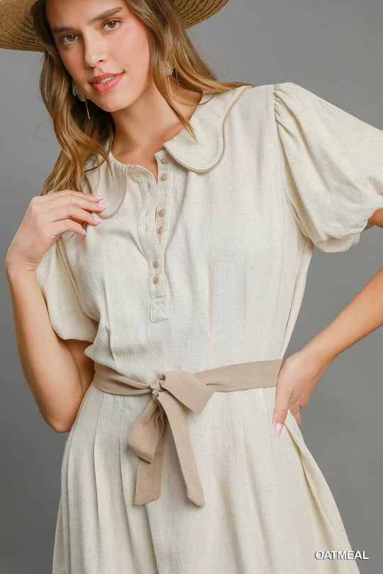 Scalloped Linen Color Block Dress