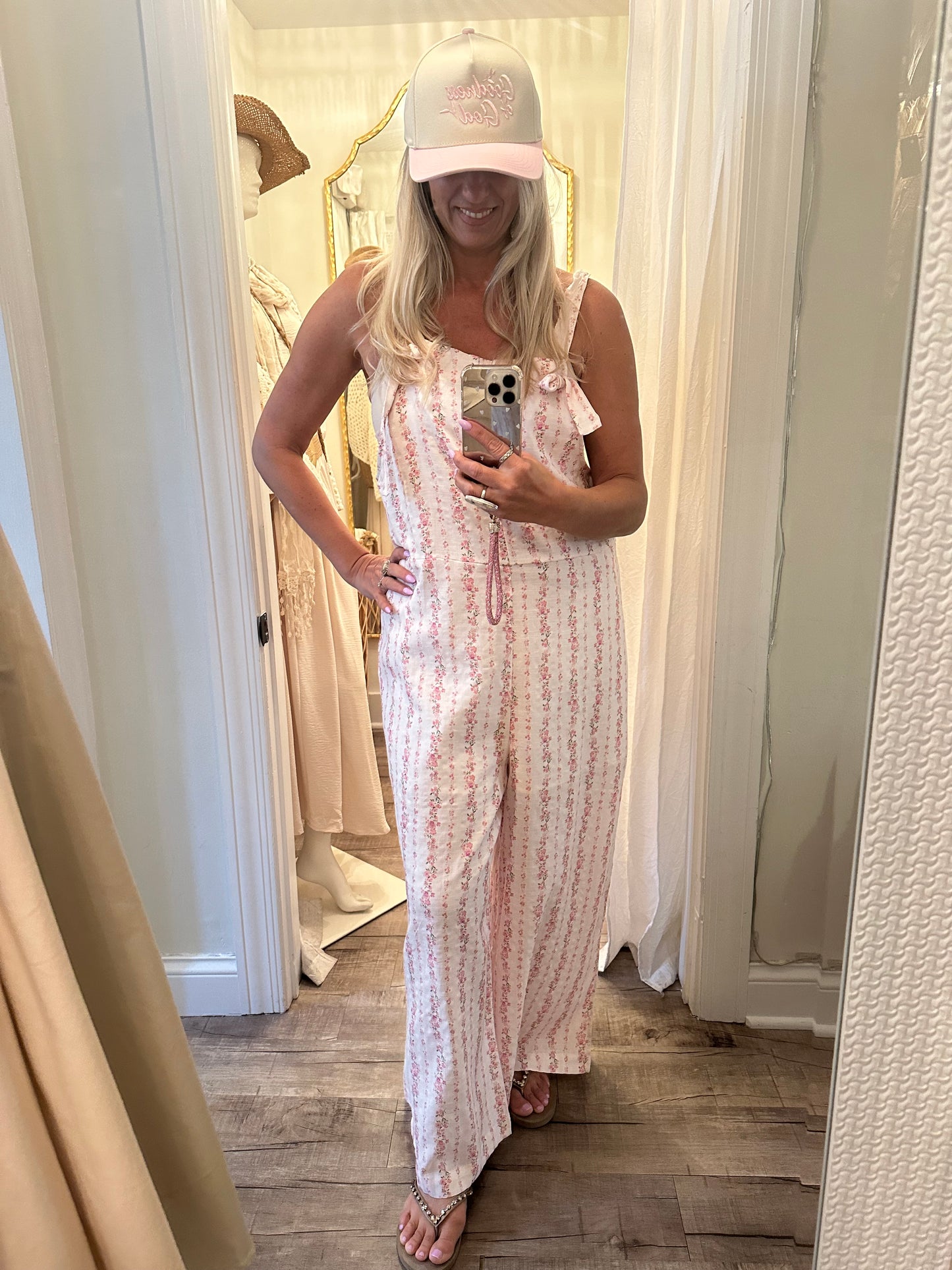 Pink Flowered Cotton Overall Jumpsuit w Slits