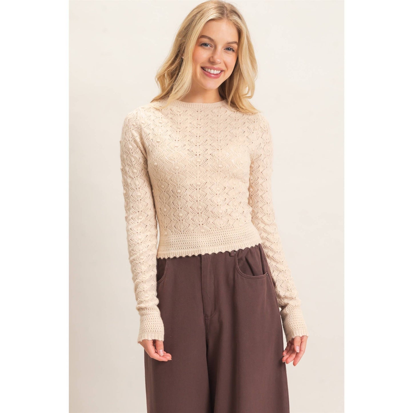 Crochet Scalloped Hem Layering Top- Taupe