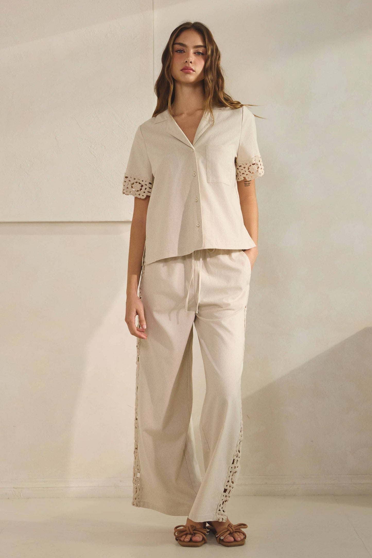 Saint Crochet Detail Linen Shirt & Pants