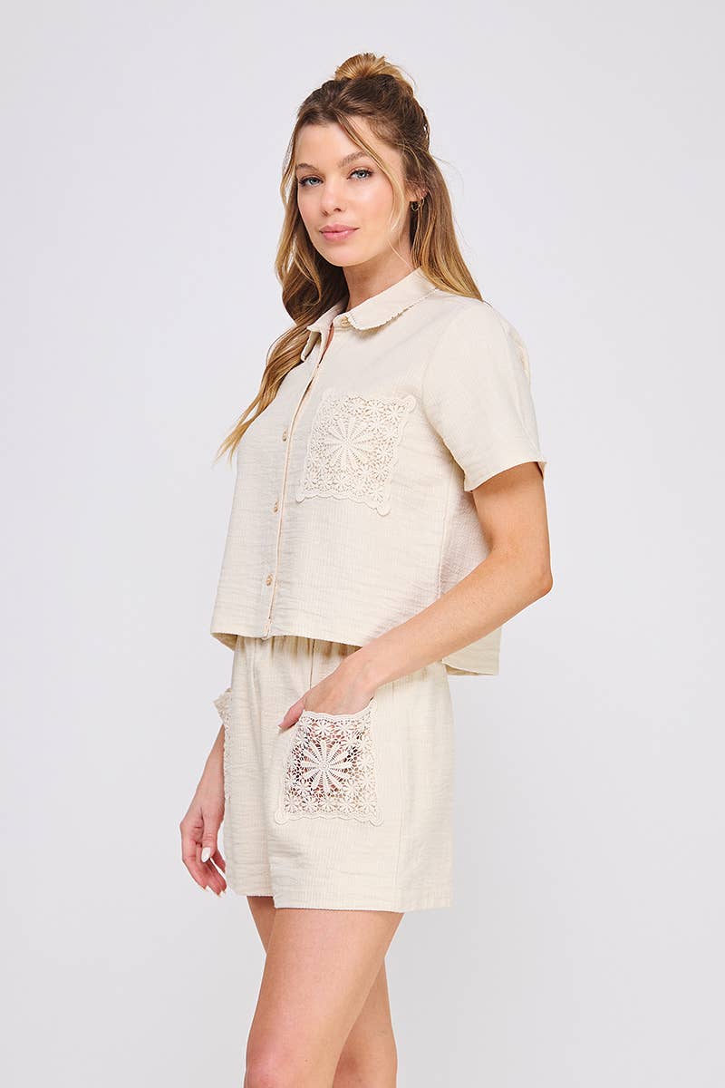 Textured Woven Camp Shirt Crochet Lace Trim