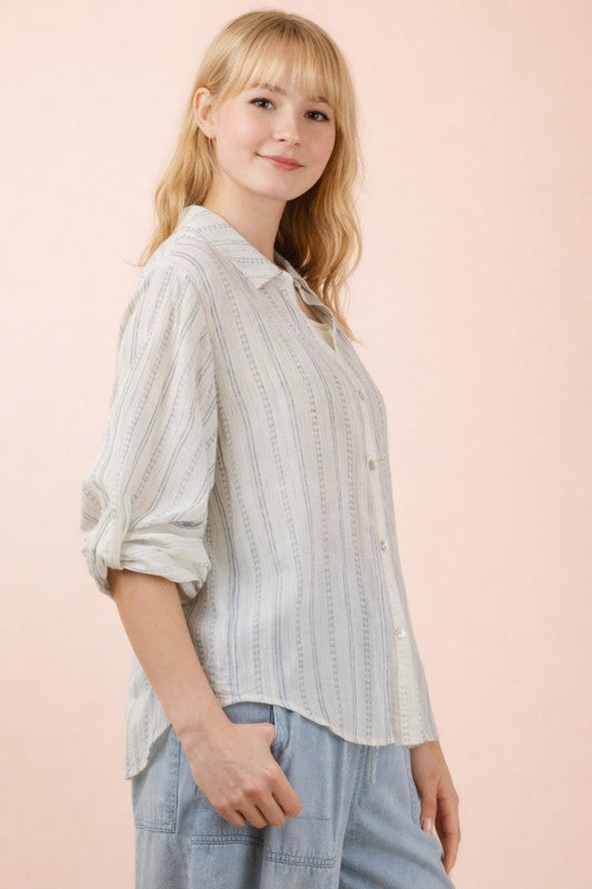 Blue Striped Flowered Button Down