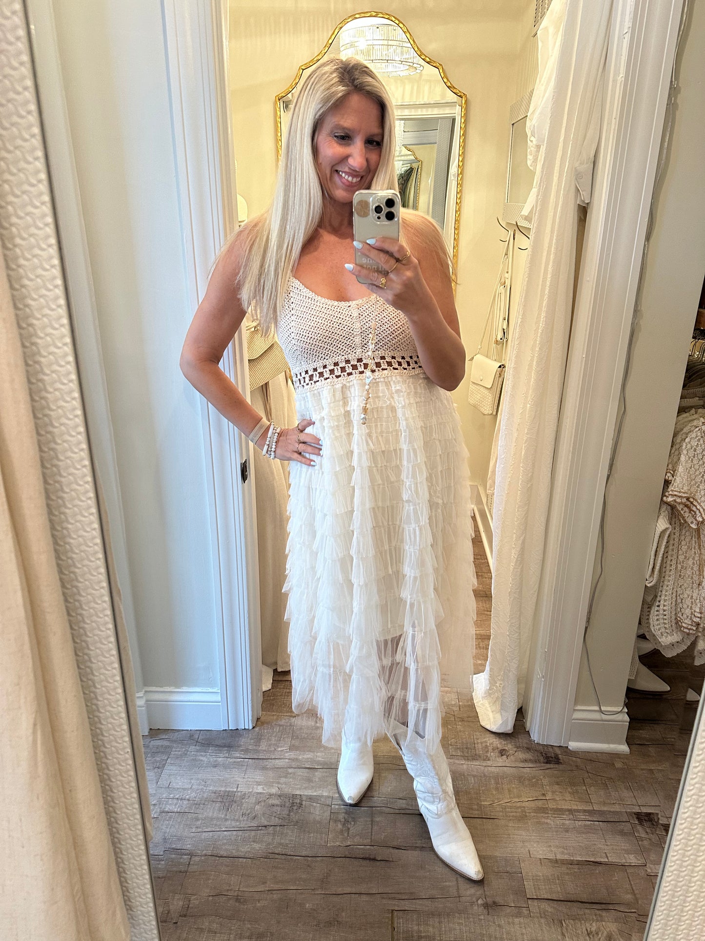 Crochet & Ruffle Tulle Midi Dress