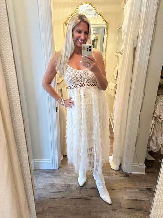 Crochet & Ruffle Tulle Midi Dress