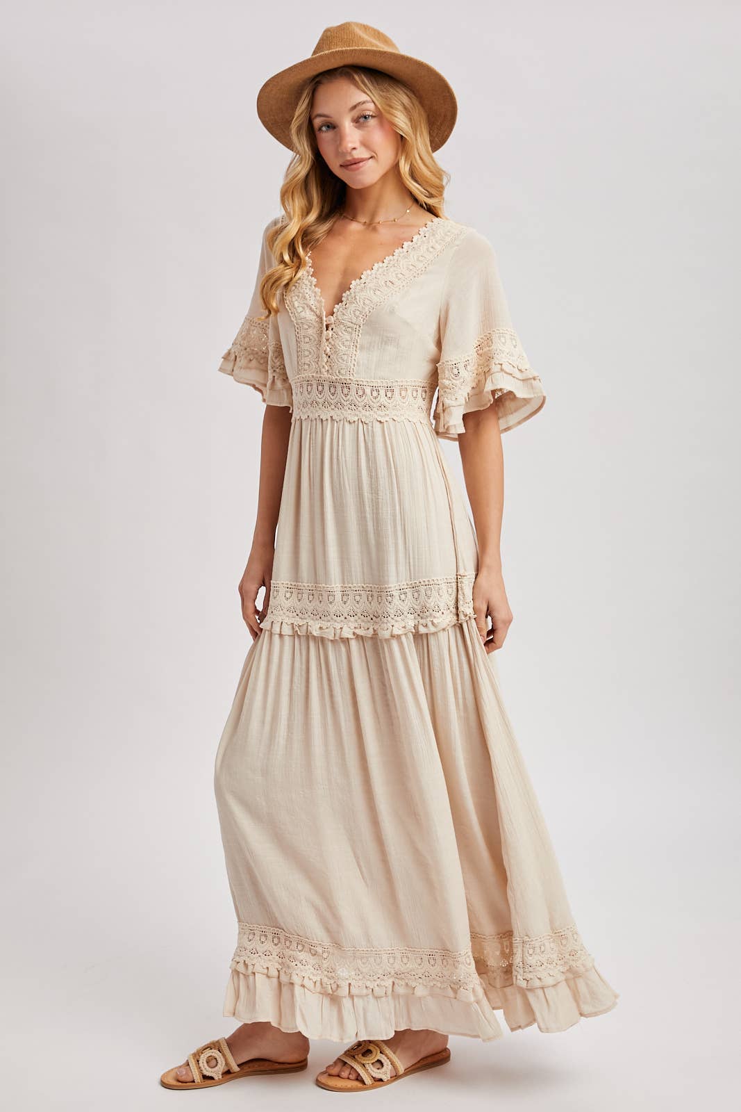 V-NECK LACE TRIM MAXI DRESS: COLOR SHELL