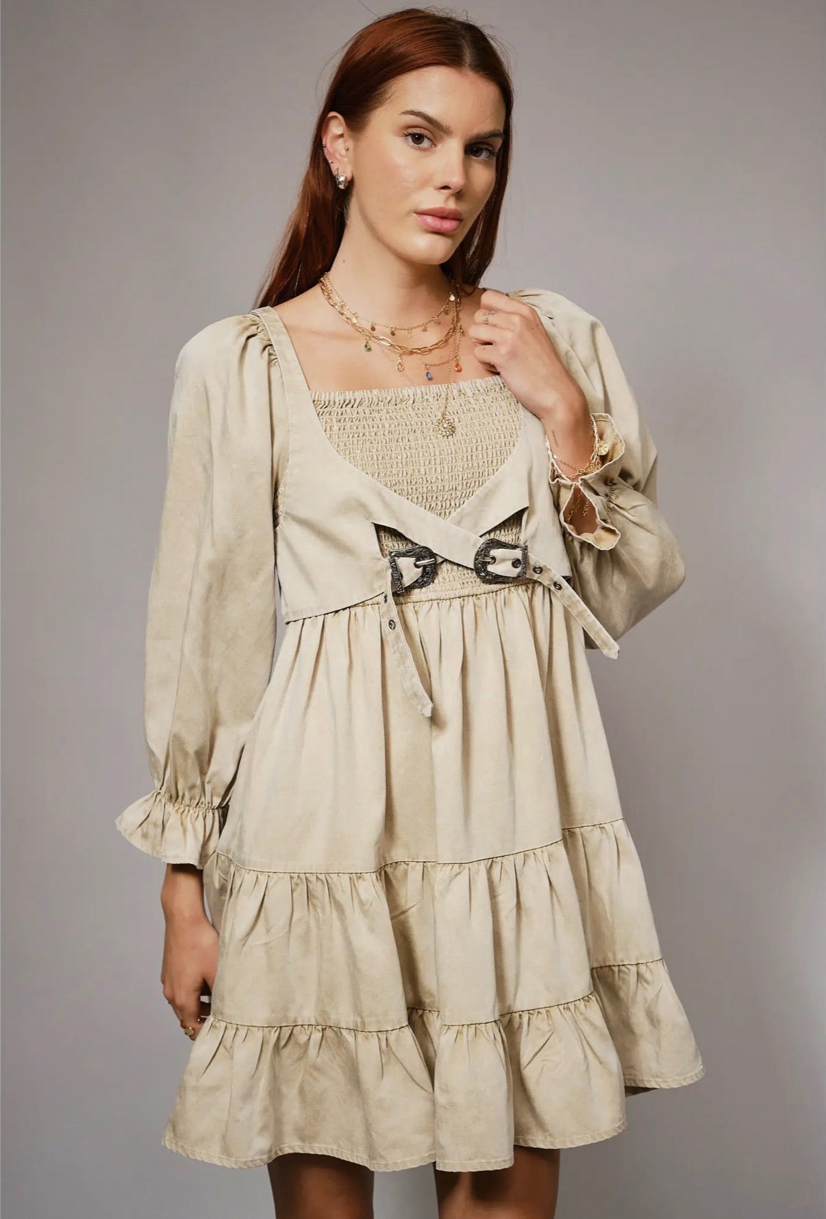 Puff Sleeve Buckle Smocked Mini Dress
