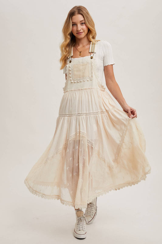 LACE EMBROIDERED TULLE BIB MAXI DRESS WITH LINING: ECRU