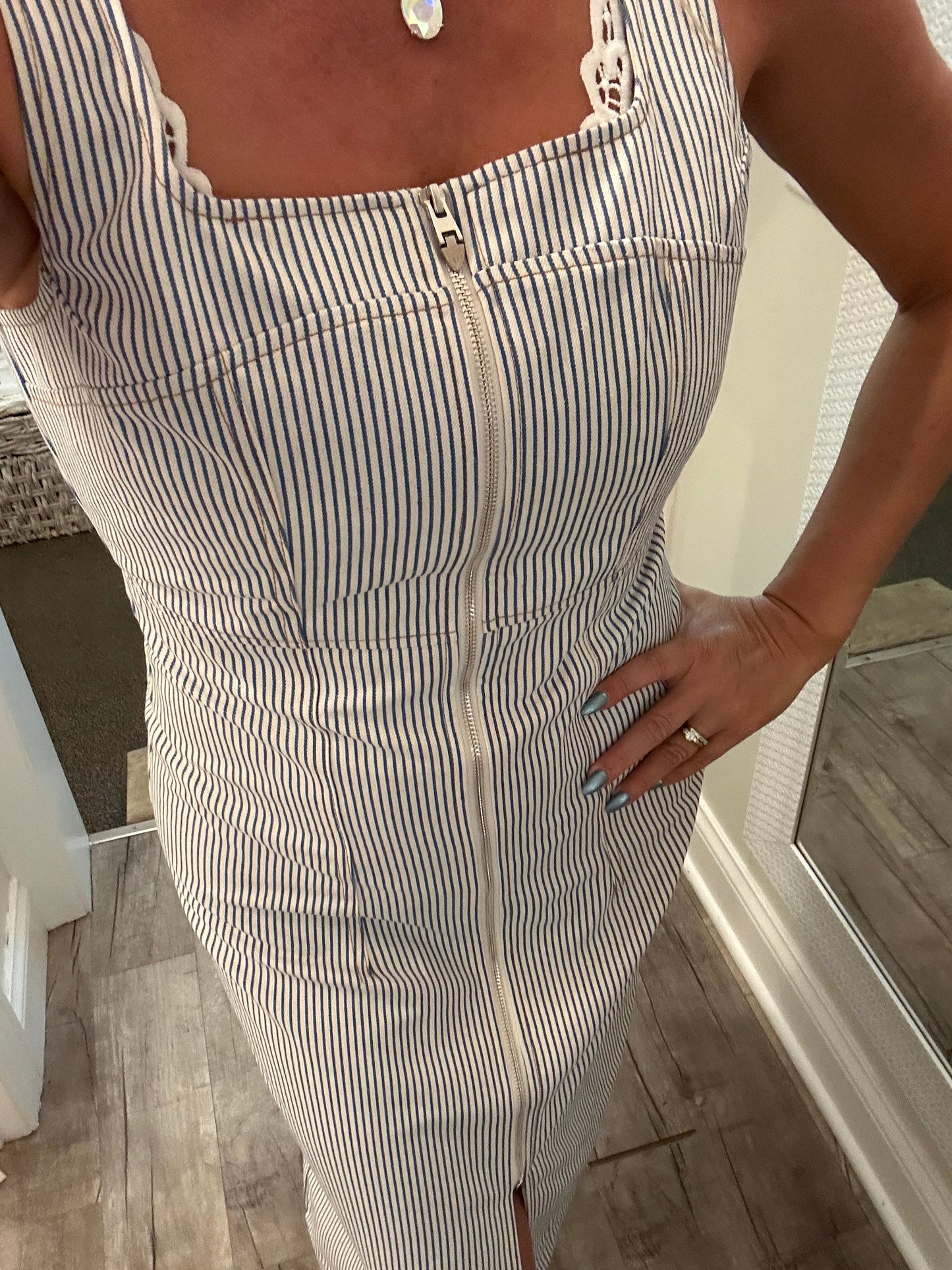 Pinstripe Zip-Front Midi Dress