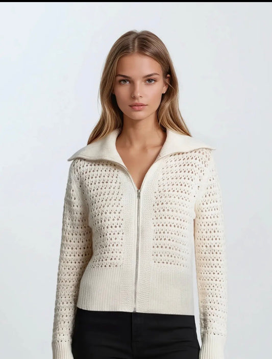 ZIP-UP POINTELLE OPEN KNIT SWEATER JACKET