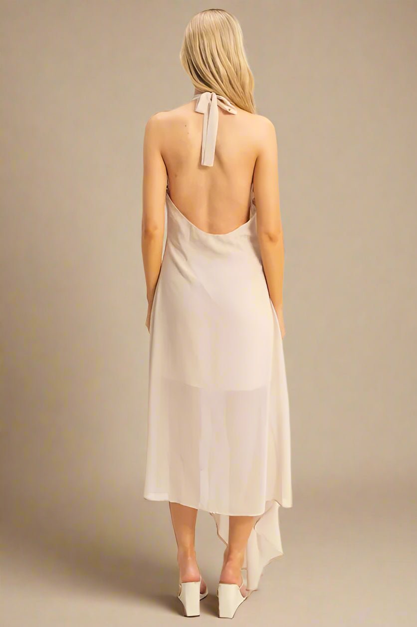 Champagne Beige Halter Neck Sheer Hem Midi Dress
