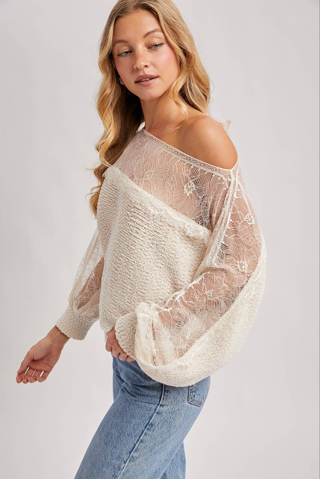 BOAT NECK LACE TRIMMED KNIT SWEATER PULLOVER: ECRU