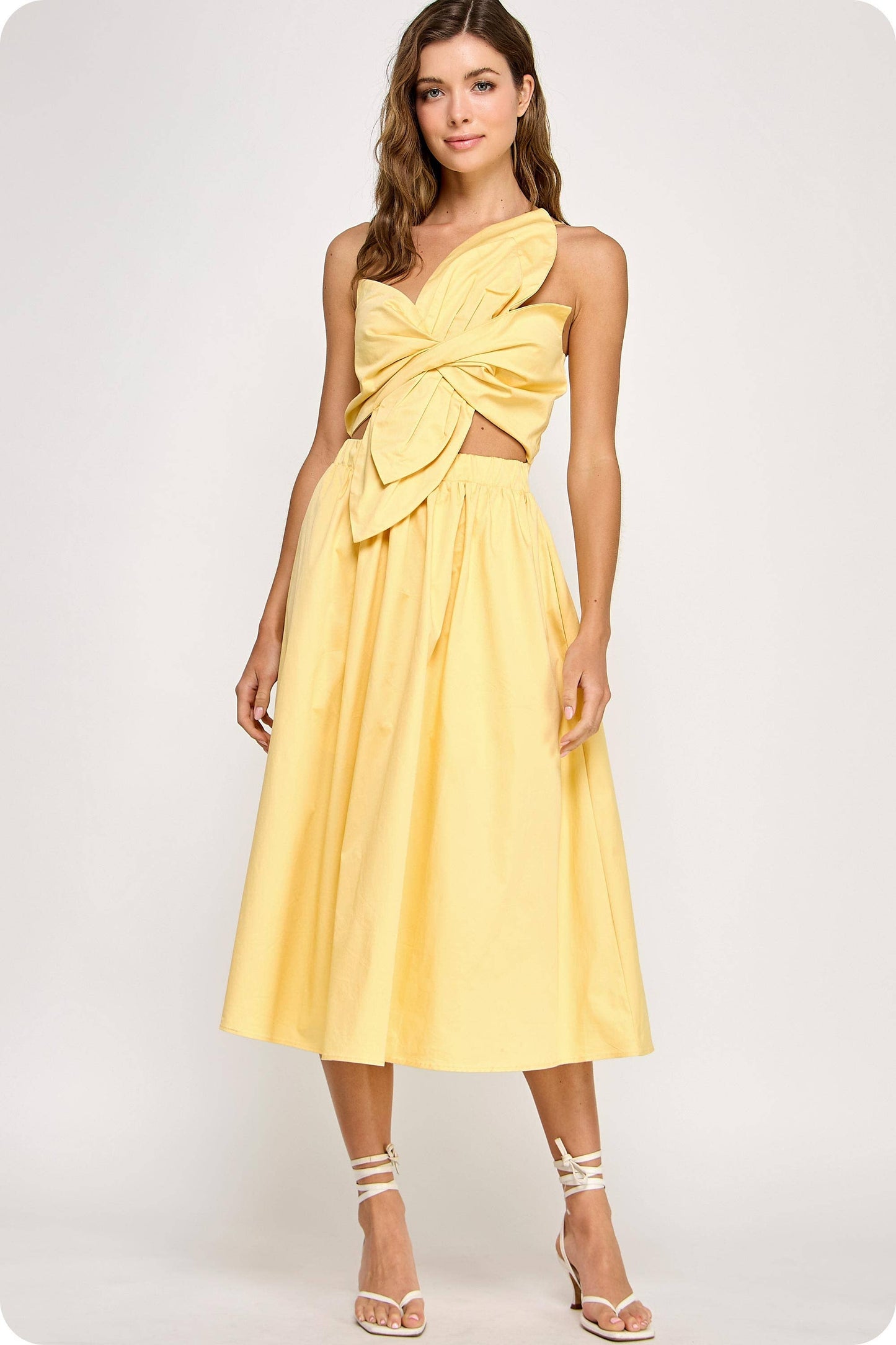 Knotted Flower Bow Midi Dress: Ecru