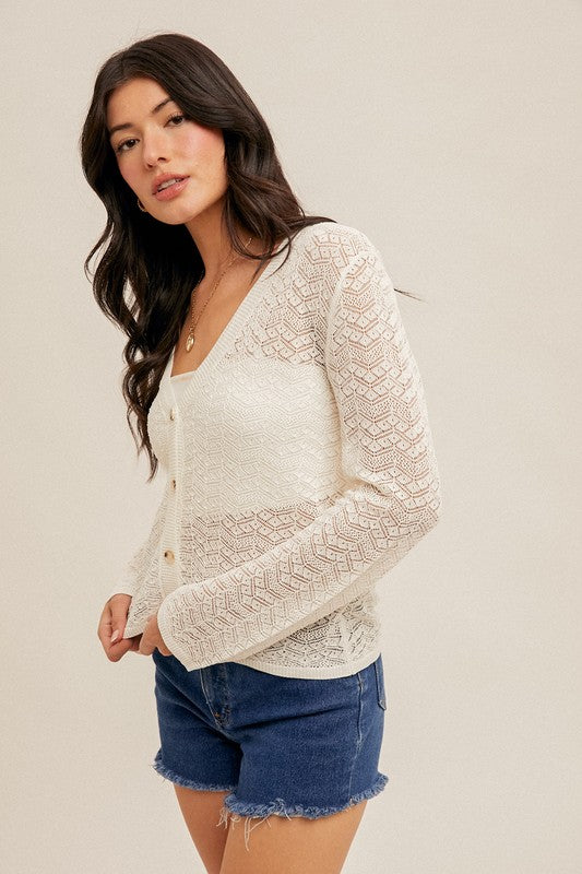 Pointelle V-Neck Knit Cardigan