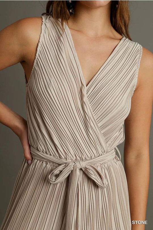 Pleated Sleeveless Wide-Leg Jumpsuit
