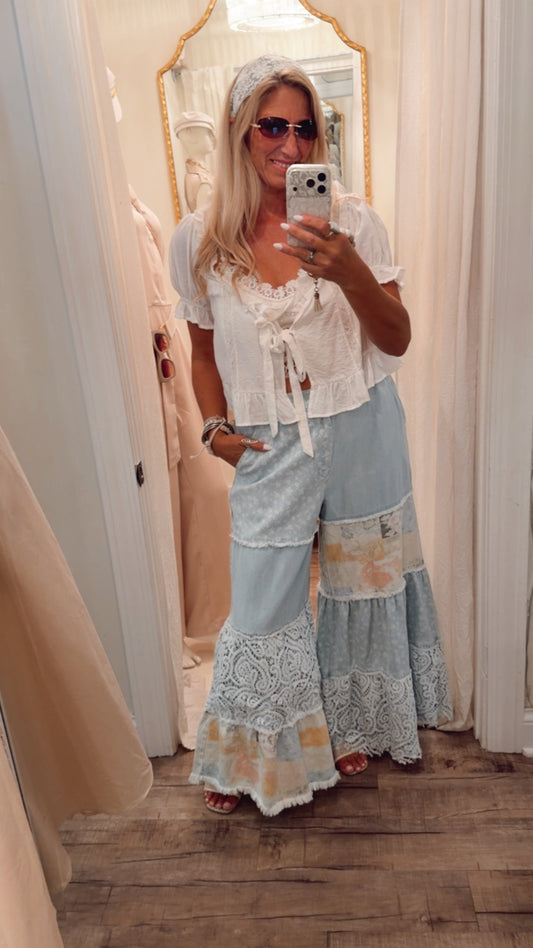 Printed Denim Lace Blocked Wide Leg Pants