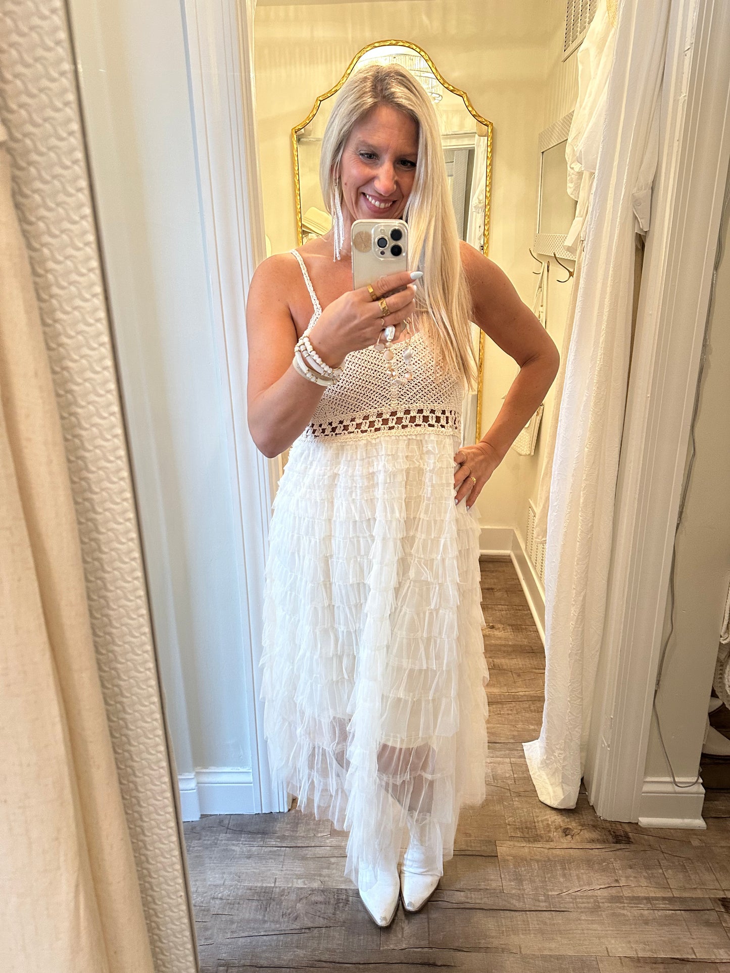 Crochet & Ruffle Tulle Midi Dress