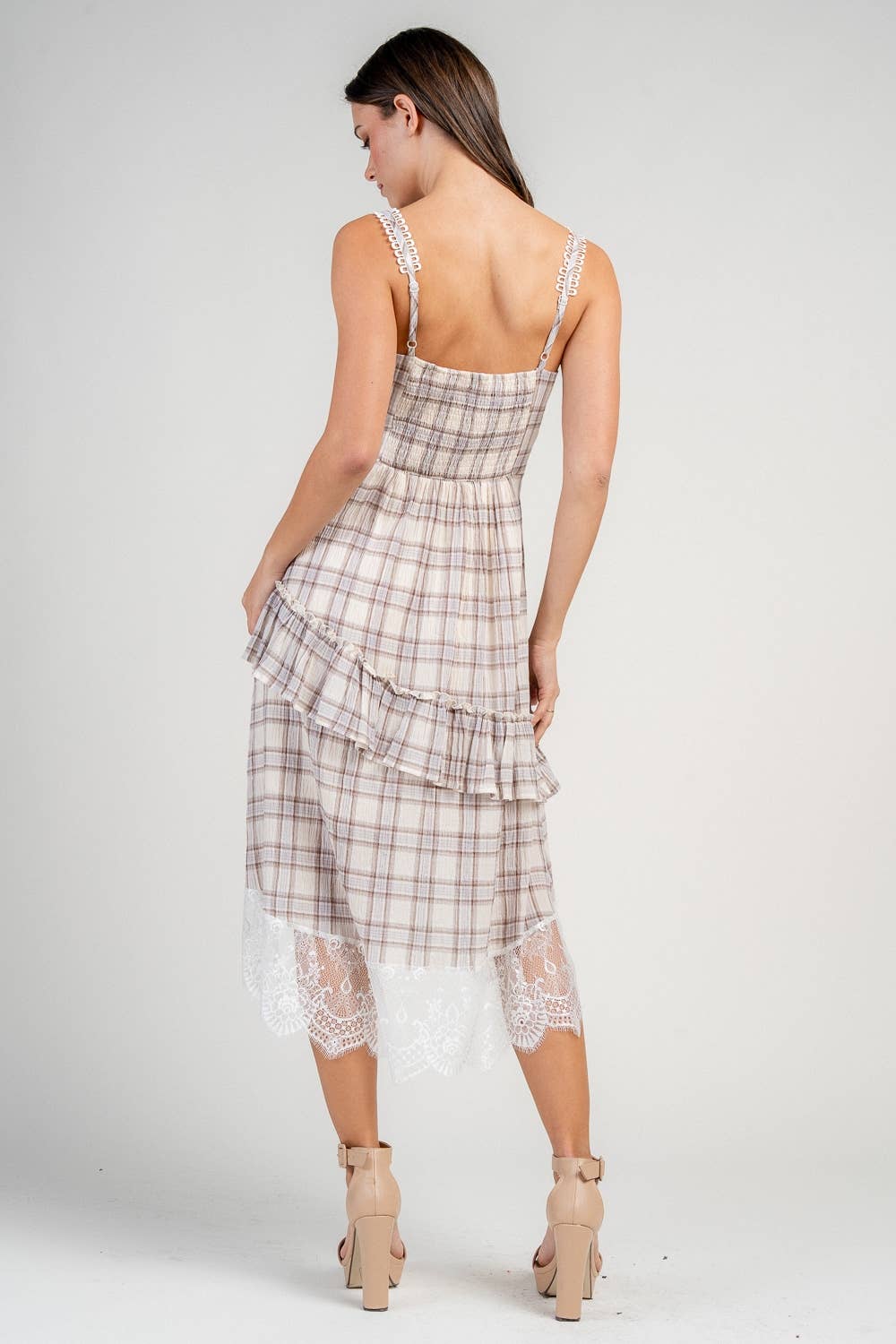 COTTON PLAID ASYMMETRIC HEMMED LACE TRIMMED MIDI