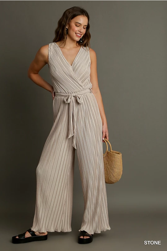 Pleated Sleeveless Wide-Leg Jumpsuit