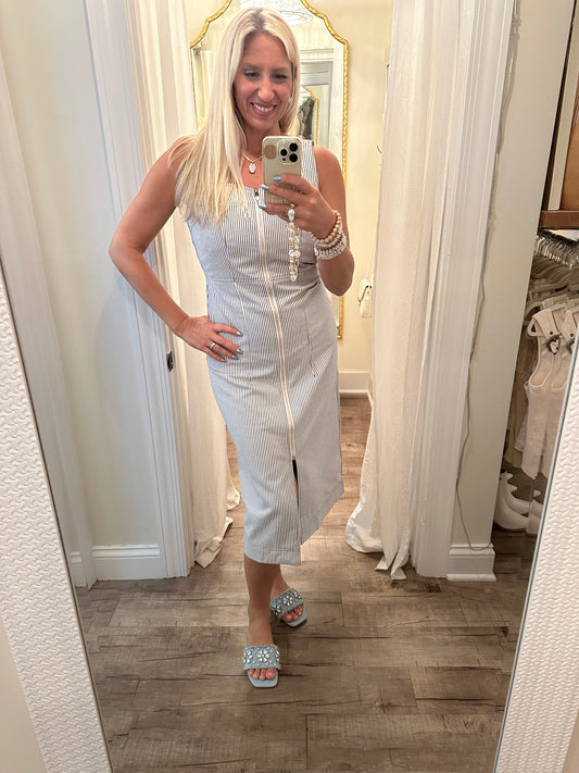 Pinstripe Zip-Front Midi Dress