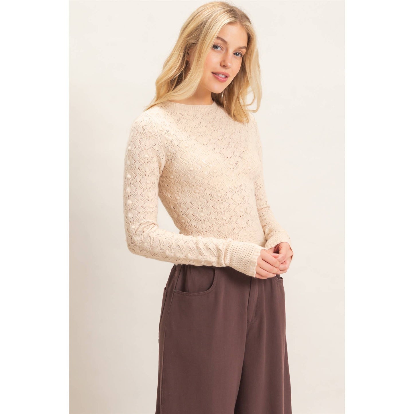 Crochet Scalloped Hem Layering Top- Taupe