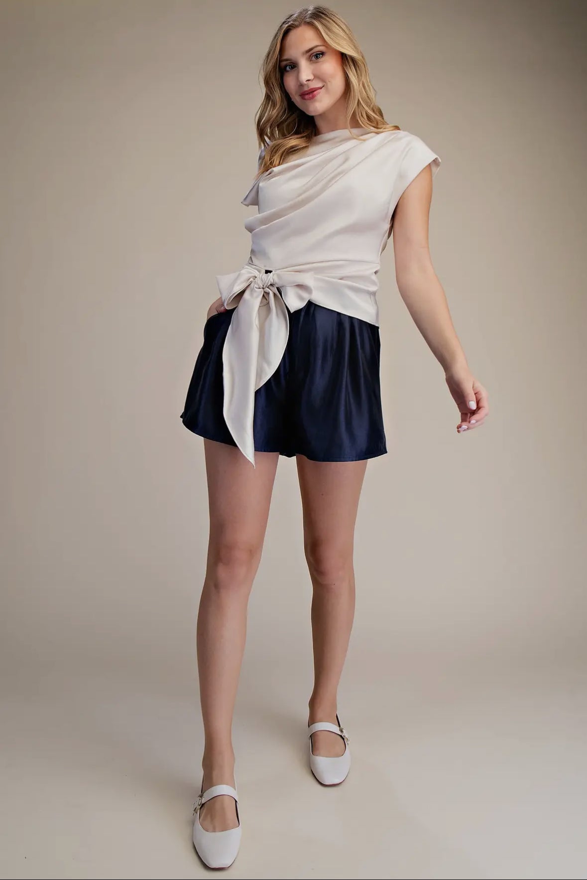 Boat Neck Waist Tie Blouse