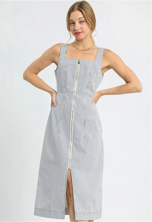 Pinstripe Zip-Front Midi Dress