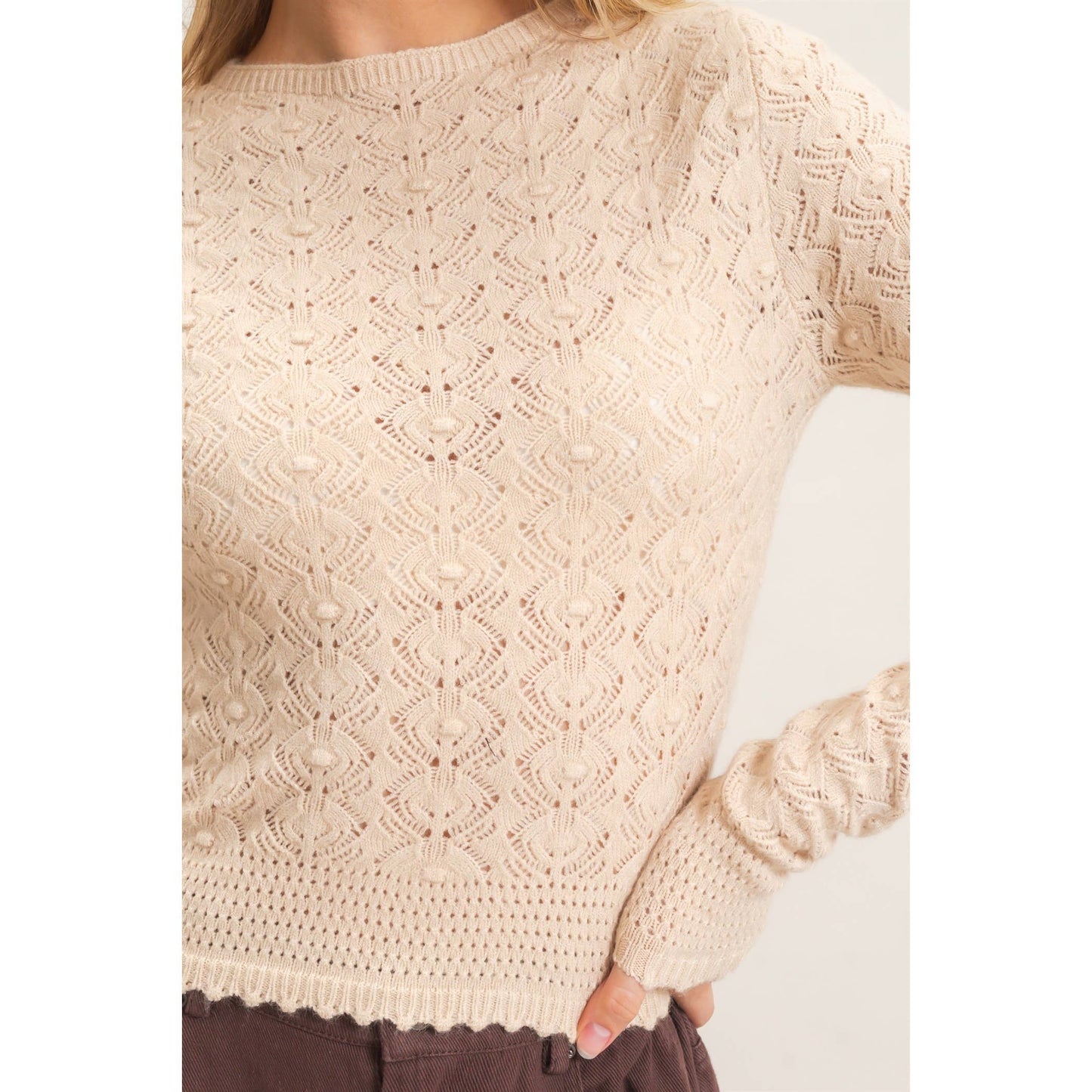 Crochet Scalloped Hem Layering Top- Taupe