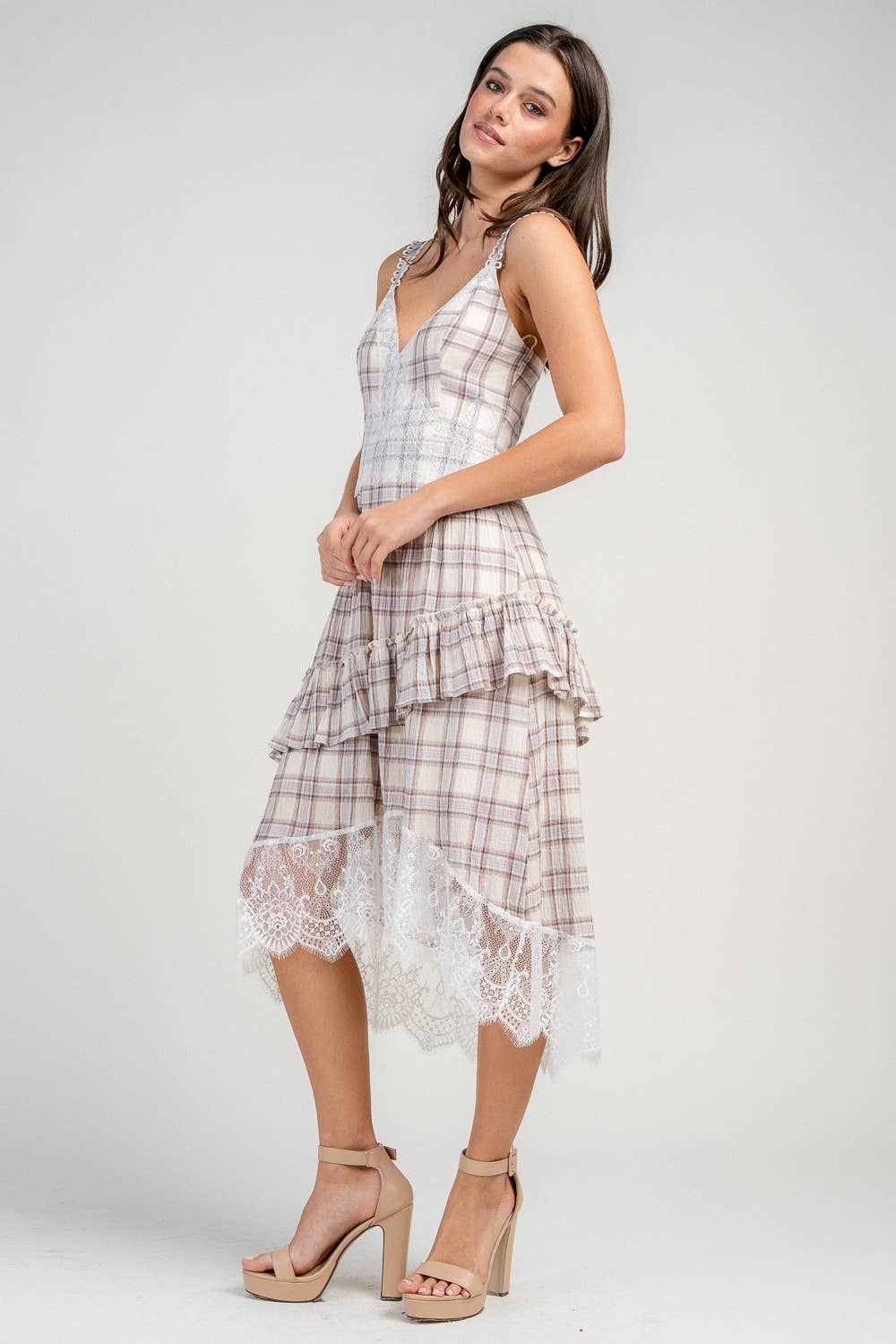 COTTON PLAID ASYMMETRIC HEMMED LACE TRIMMED MIDI