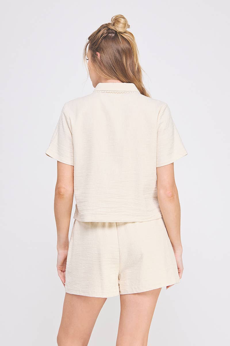 Textured Woven Camp Shirt Crochet Lace Trim