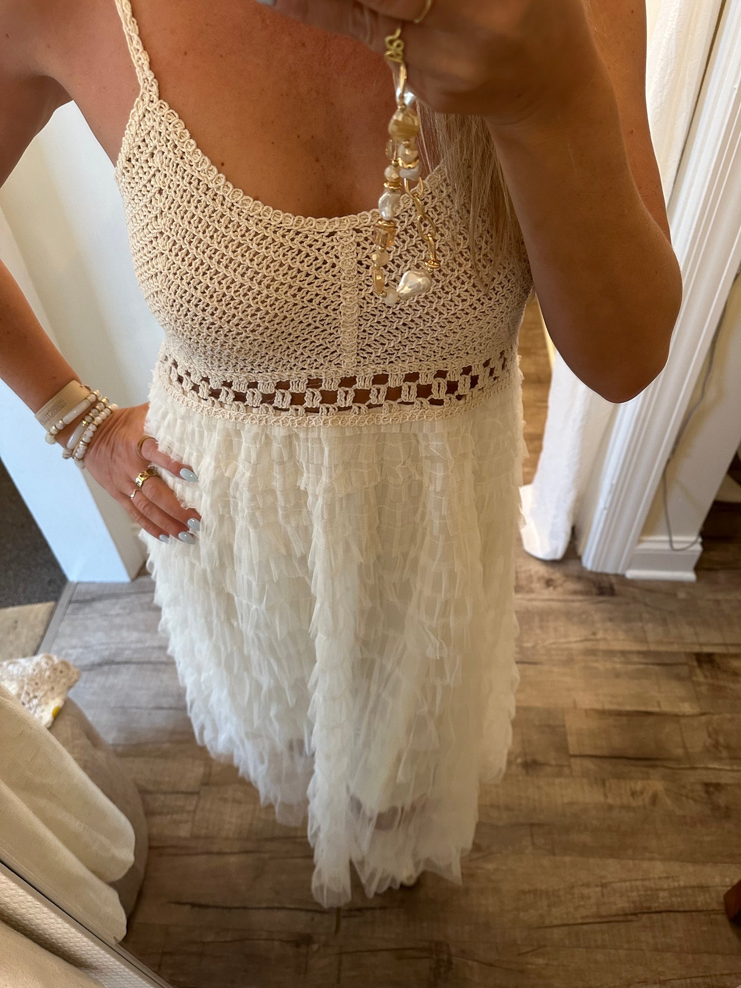 Crochet & Ruffle Tulle Midi Dress