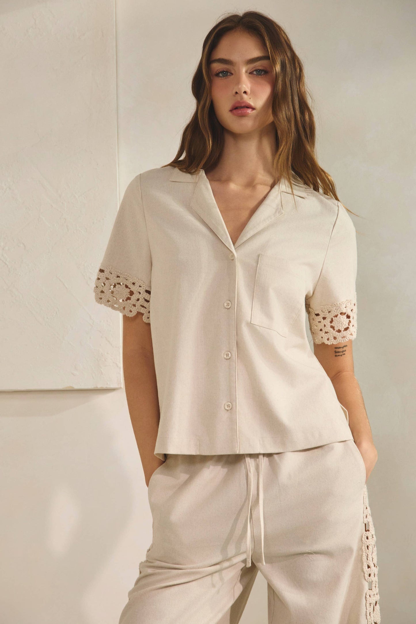 Saint Crochet Detail Linen Shirt & Pants