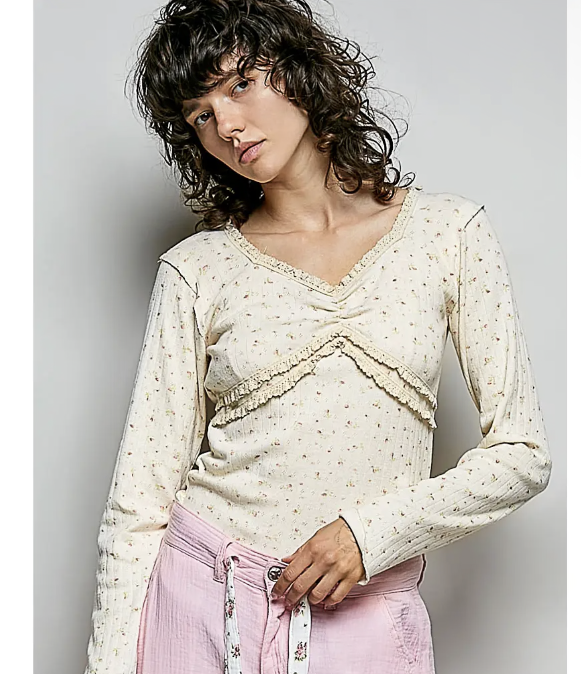 Vintage Washed V-Neck Long Sleeve
Floral Print Top