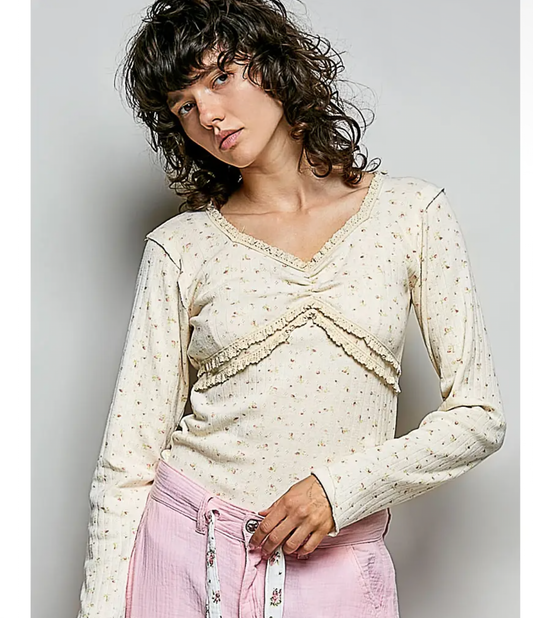 Vintage Washed V-Neck Long Sleeve
Floral Print Top