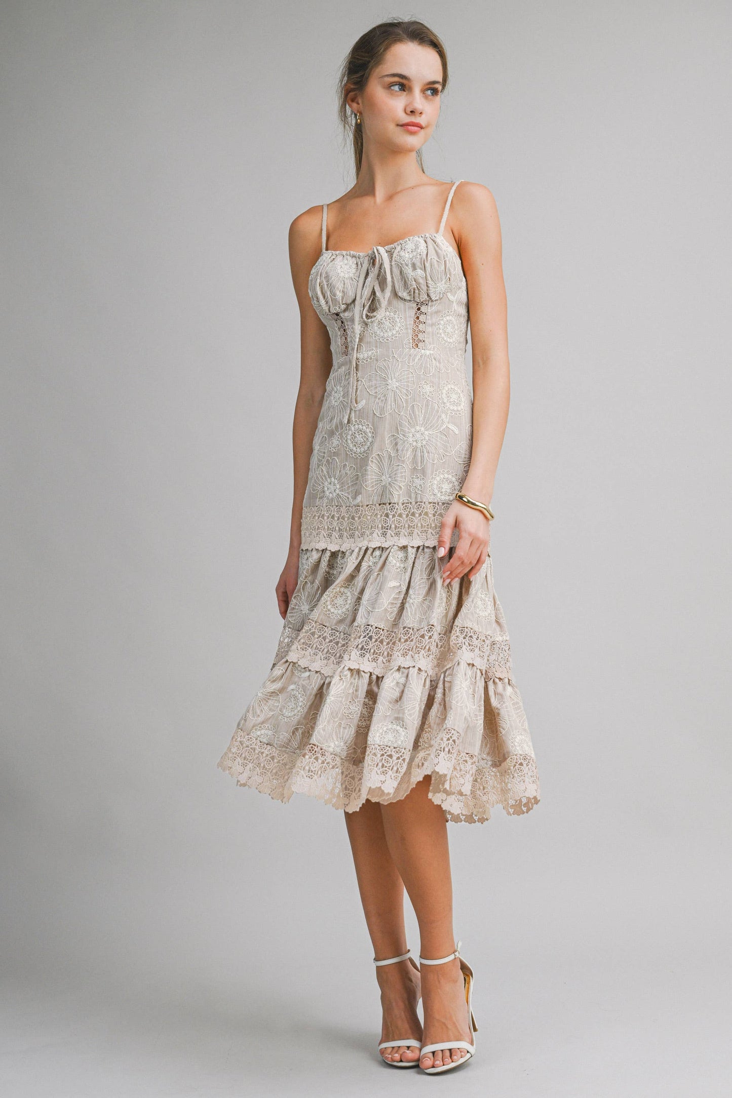 Lace Tiered Midi Dress : TAUPE