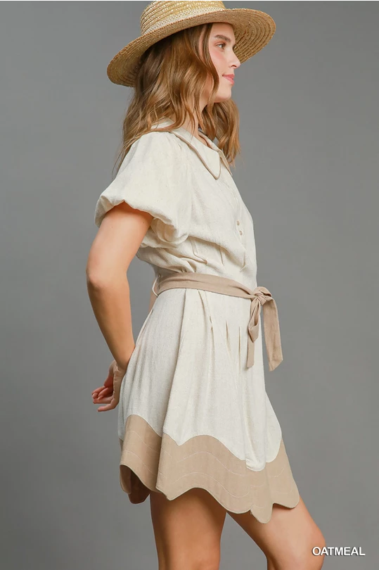 Scalloped Linen Color Block Dress